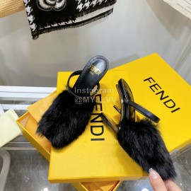 Fendi Collection First Rabbit Hair High Heeled Slippers Black