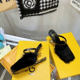 Fendi Collection First Rabbit Hair High Heeled Slippers Black