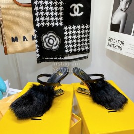 Fendi Collection First Rabbit Hair High Heeled Slippers Black