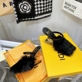 Fendi Collection First Rabbit Hair High Heeled Slippers Black