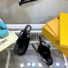 Fendi Collection First Rabbit Hair High Heeled Slippers Black
