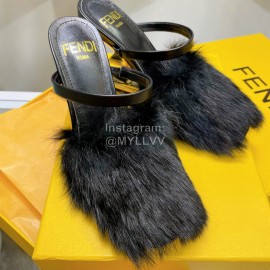 Fendi Collection First Rabbit Hair High Heeled Slippers Black