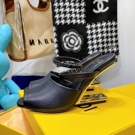 Fendi Collection First Cowhide High Heeled Slippers Black