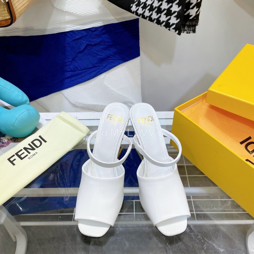 Fendi Collection First Cowhide High Heeled Slippers White