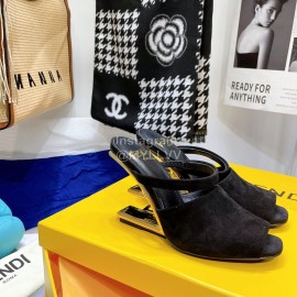 Fendi Collection First Cowhide High Heeled Slippers Coffee