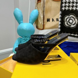 Fendi Collection First Cowhide High Heeled Slippers Coffee