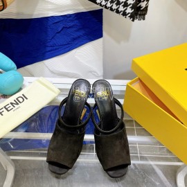 Fendi Collection First Cowhide High Heeled Slippers Coffee