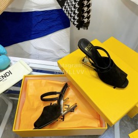 Fendi Collection First Cowhide High Heeled Slippers Coffee