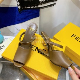 Fendi Collection First Cowhide High Heeled Slippers Brown