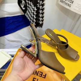 Fendi Collection First Cowhide High Heeled Slippers Brown