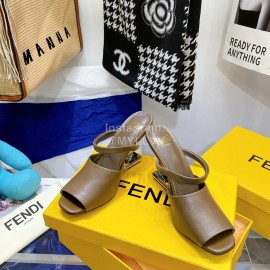 Fendi Collection First Cowhide High Heeled Slippers Brown