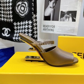 Fendi Collection First Cowhide High Heeled Slippers Brown