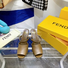 Fendi Collection First Cowhide High Heeled Slippers Brown