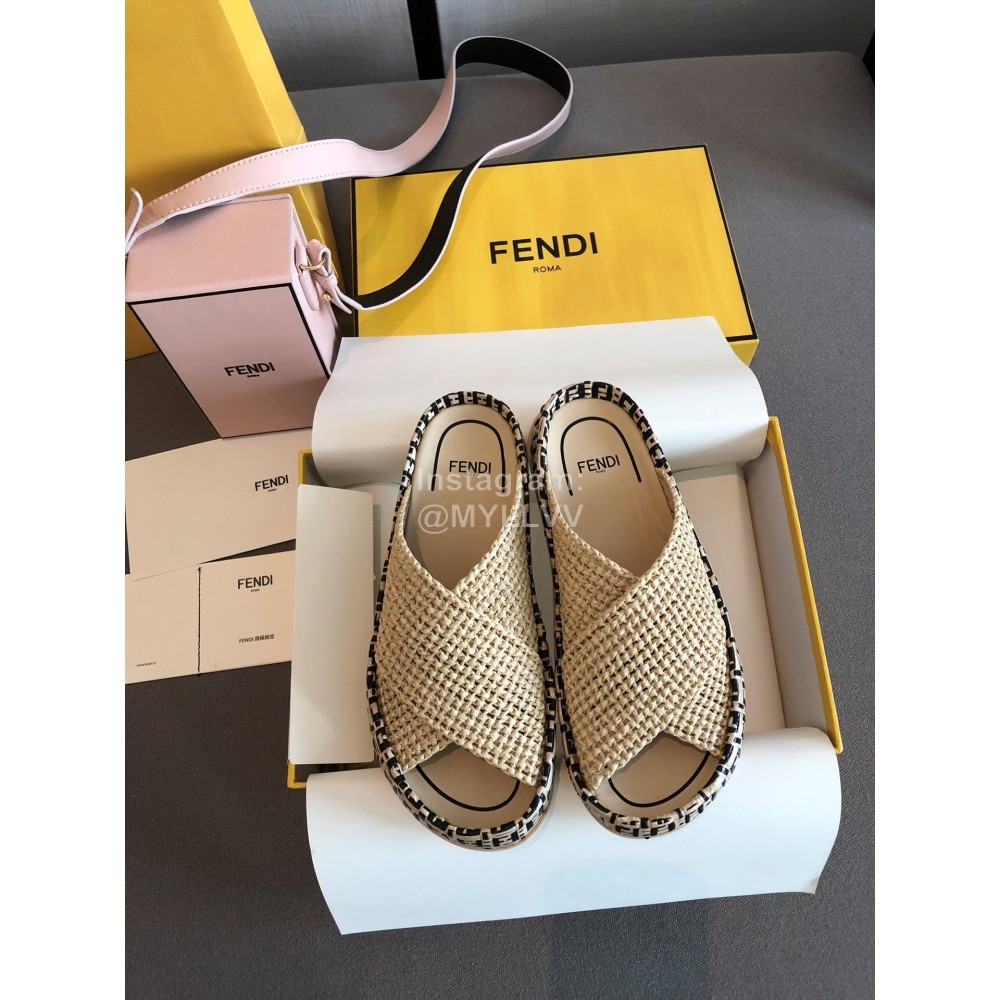 Fendi Raffia Woven Cross Flat Slippers For Women Beige
