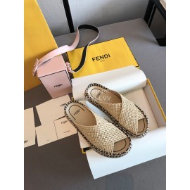 Fendi Raffia Woven Cross Flat Slippers For Women Beige