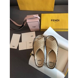 Fendi Raffia Woven Cross Flat Slippers For Women Beige