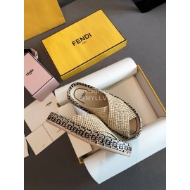 Fendi Raffia Woven Cross Flat Slippers For Women Beige