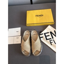 Fendi Raffia Woven Cross Flat Slippers For Women Beige