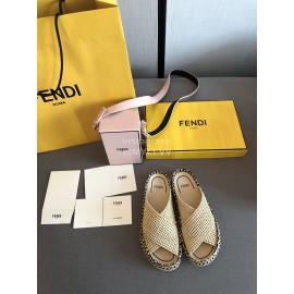 Fendi Raffia Woven Cross Flat Slippers For Women Beige