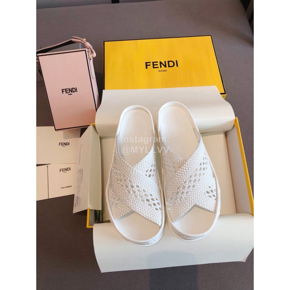 Fendi Lace Weaving Cross Flat Slippers For Women White