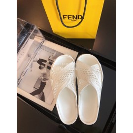 Fendi Lace Weaving Cross Flat Slippers For Women White