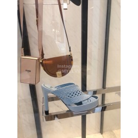 Fendi Lace Weaving Cross High Heeled Slippers For Women Blue