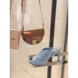 Fendi Lace Weaving Cross High Heeled Slippers For Women Blue