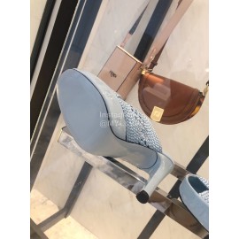 Fendi Lace Weaving Cross High Heeled Slippers For Women Blue