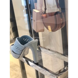 Fendi Lace Weaving Cross High Heeled Slippers For Women Blue