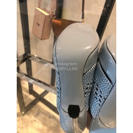 Fendi Lace Weaving Cross High Heeled Slippers For Women Blue