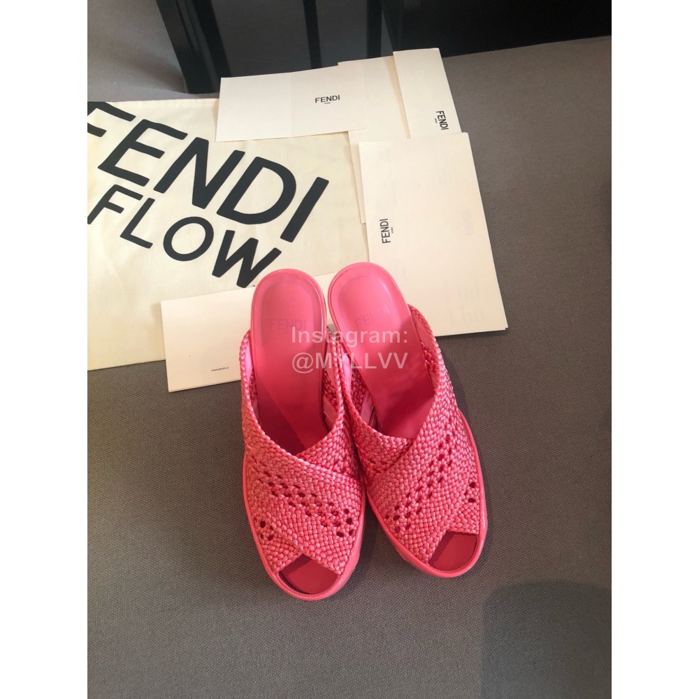 Fendi Lace Weaving Cross High Heeled Slippers For Women Rose Red