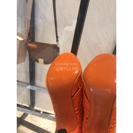 Fendi Lace Weaving Cross High Heeled Slippers For Women Orange