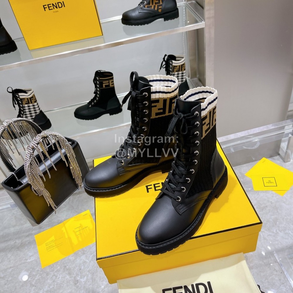 Fendi Fashion Leather Knitted Lace Up Martin Boots For Women Black