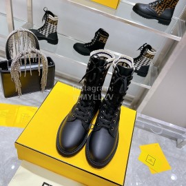 Fendi Fashion Leather Knitted Lace Up Martin Boots For Women Black
