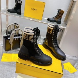Fendi Fashion Leather Knitted Lace Up Martin Boots For Women Black