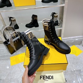 Fendi Fashion Leather Knitted Lace Up Martin Boots For Women Black