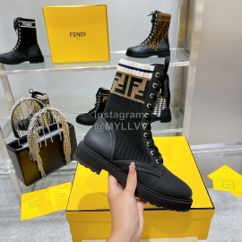 Fendi Fashion Leather Knitted Lace Up Martin Boots For Women Black
