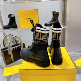 Fendi Fashion Leather Knitted Lace Up Martin Boots For Women Black