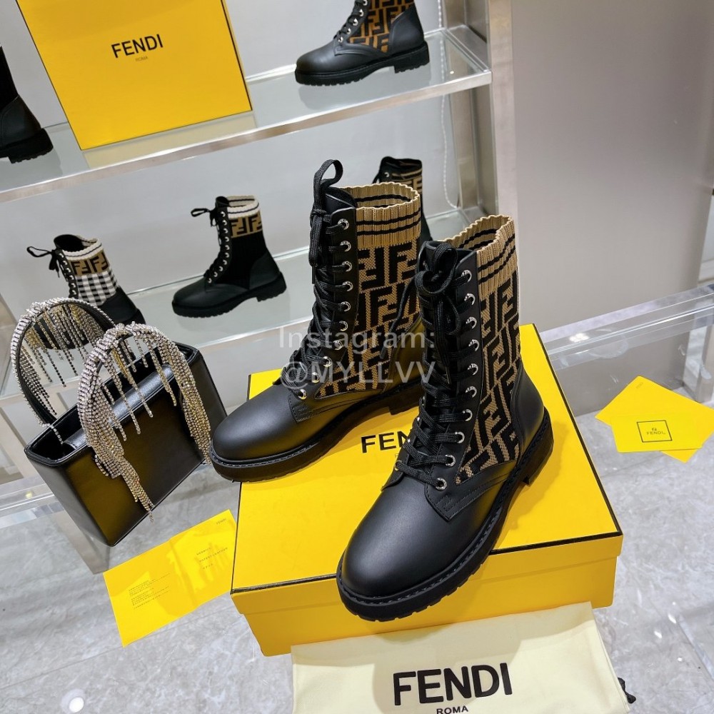 Fendi Fashion Leather Knitted Lace Up Martin Boots For Women 