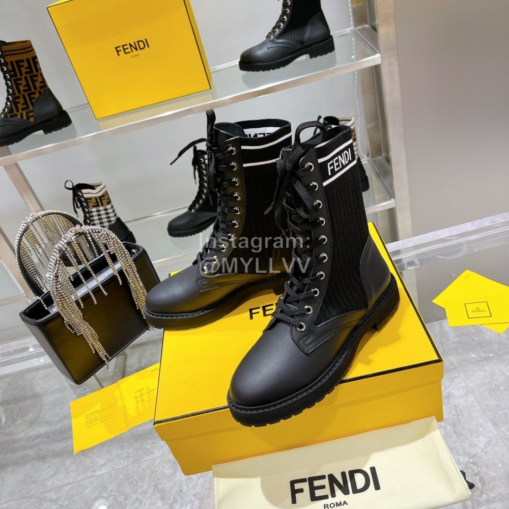 Fendi Fashion Black Leather Knitted Lace Up Martin Boots For Women 