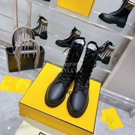 Fendi Fashion Black Leather Knitted Lace Up Martin Boots For Women 