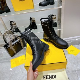 Fendi Fashion Black Leather Knitted Lace Up Martin Boots For Women 