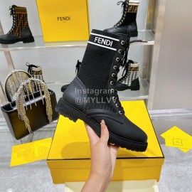 Fendi Fashion Black Leather Knitted Lace Up Martin Boots For Women 