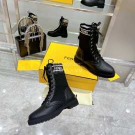 Fendi Fashion Black Leather Knitted Lace Up Martin Boots For Women 