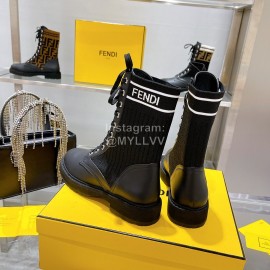 Fendi Fashion Black Leather Knitted Lace Up Martin Boots For Women 