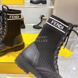 Fendi Fashion Black Leather Knitted Lace Up Martin Boots For Women 