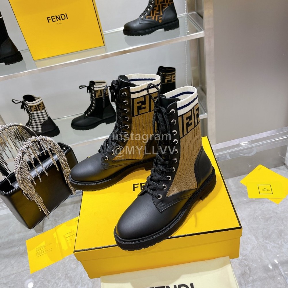 Fendi Fashion Leather Knitted Lace Up Martin Boots For Women Coffee