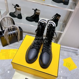 Fendi Fashion Leather Knitted Lace Up Martin Boots For Women Coffee