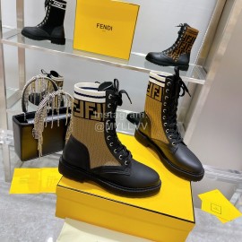 Fendi Fashion Leather Knitted Lace Up Martin Boots For Women Coffee