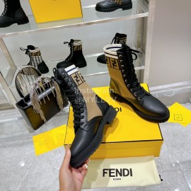 Fendi Fashion Leather Knitted Lace Up Martin Boots For Women Coffee